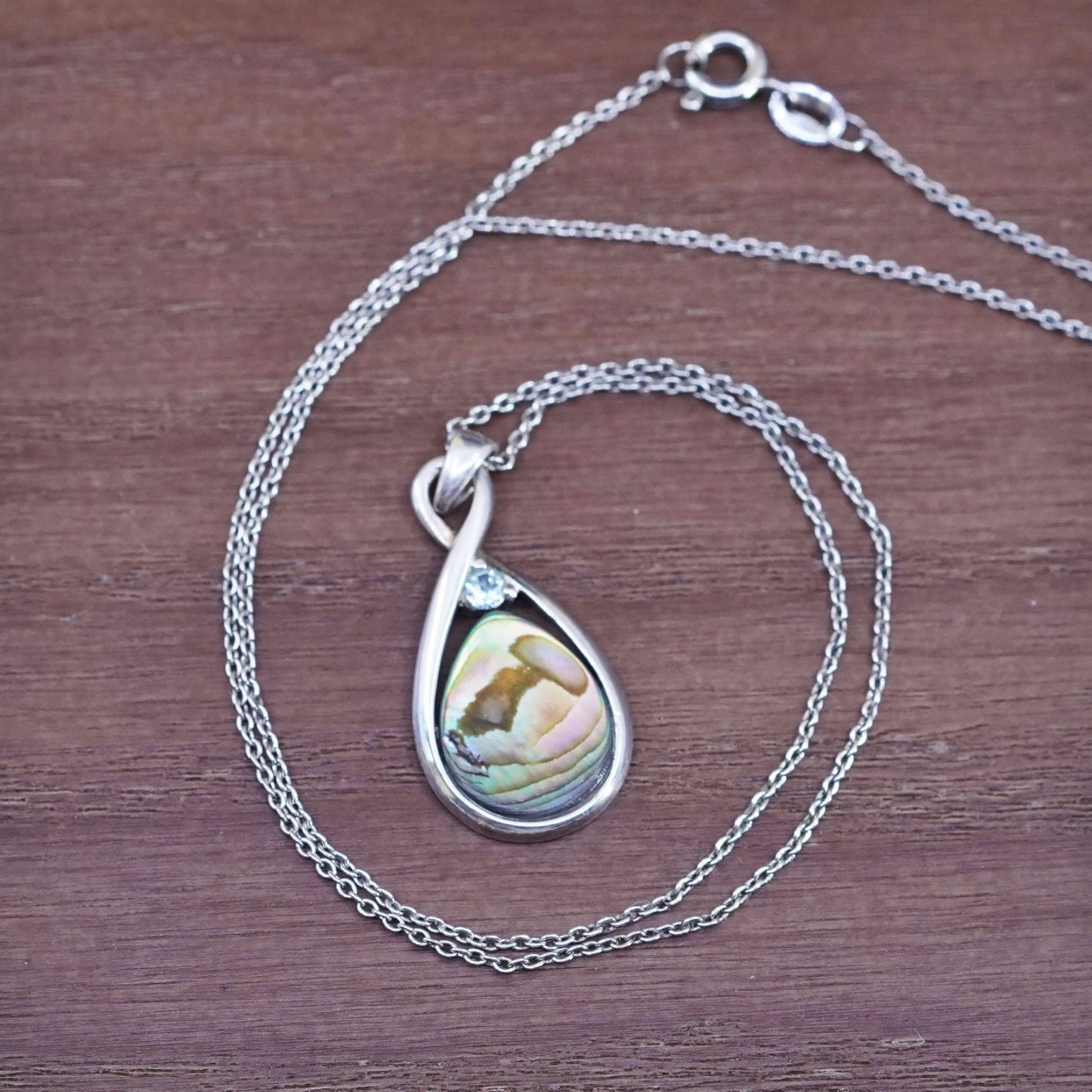 18”, sterling silver necklace, 925 circle chain teardrop abalone pendant