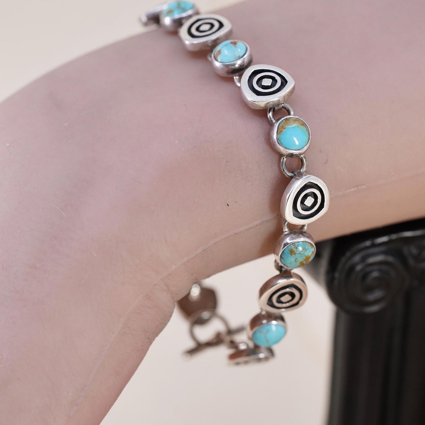6.75”, southwestern Sterling 925 silver bracelet w/ turquoise beads and spiral