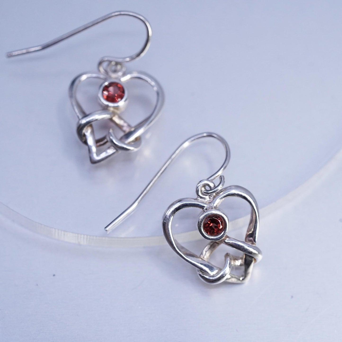 Vintage Sterling 925 silver heart earrings with garnet