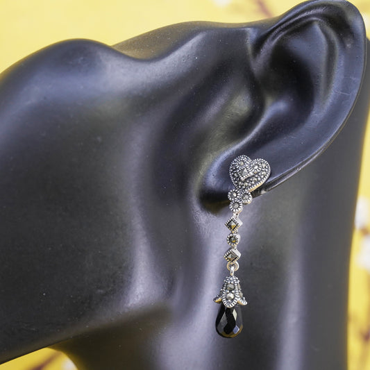 Vintage Sterling 925 silver handmade earrings, teardrop obsidian with Marcasite