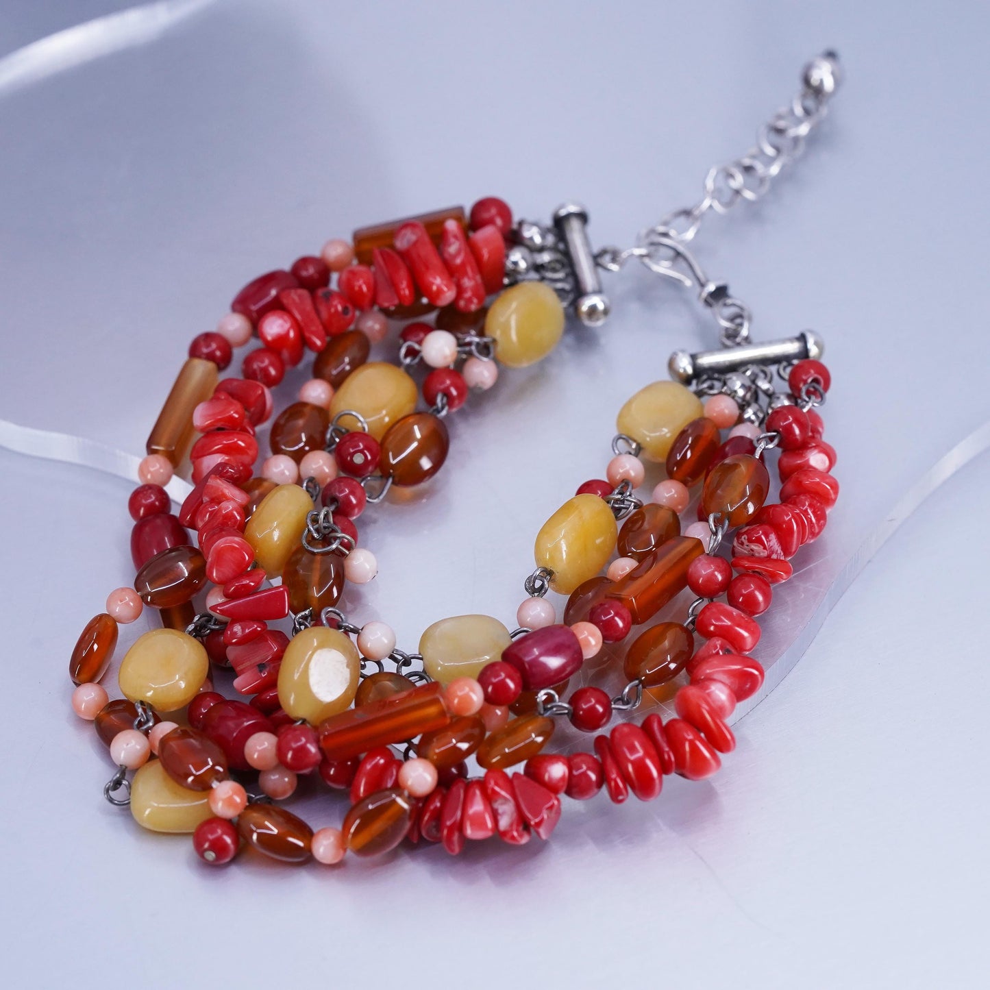 8+1”, Sterling 925 silver multi strands beaded bracelet agate coral carnelian