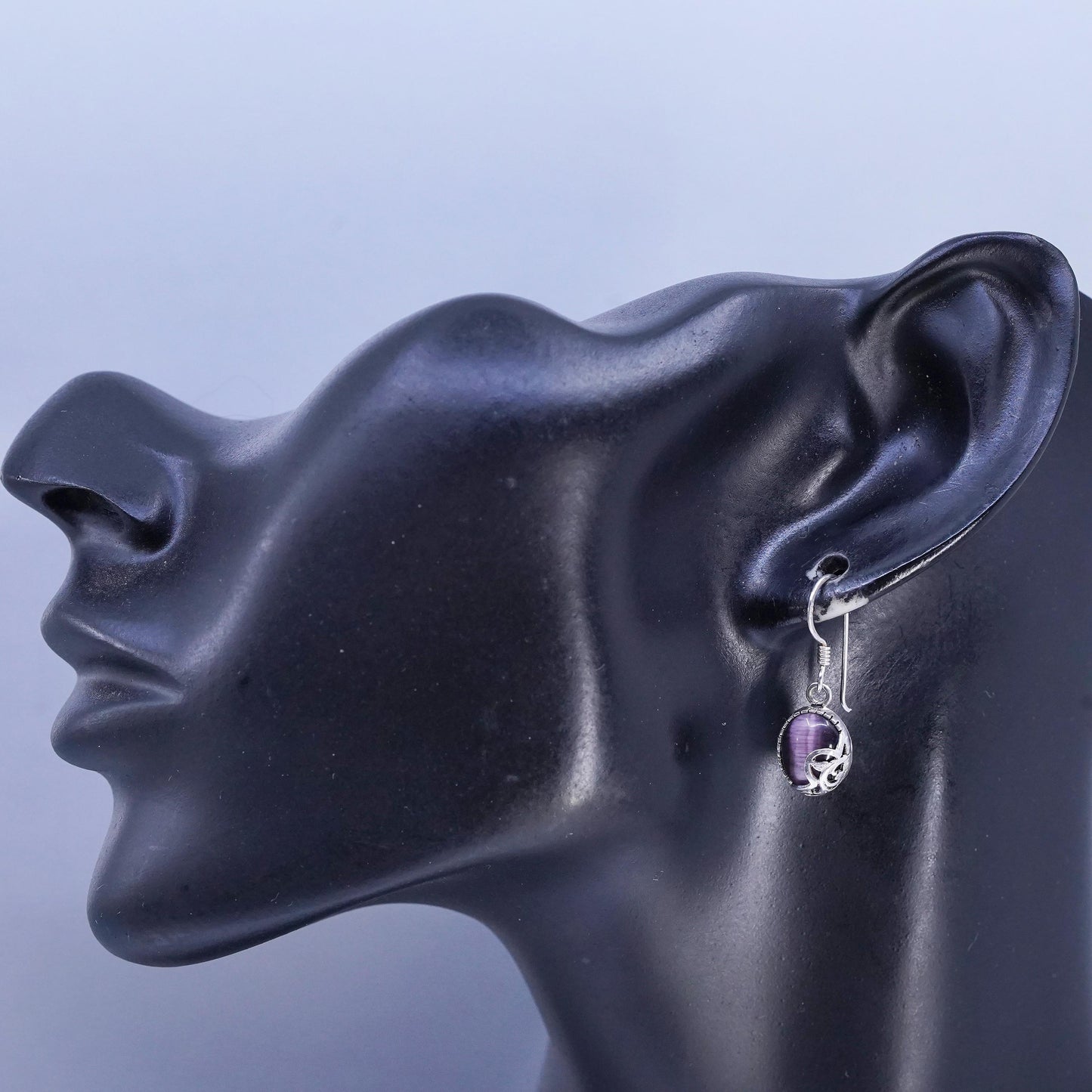 Vintage Sterling Silver Handmade Earrings, 925 Silver with purple Tiger Eye