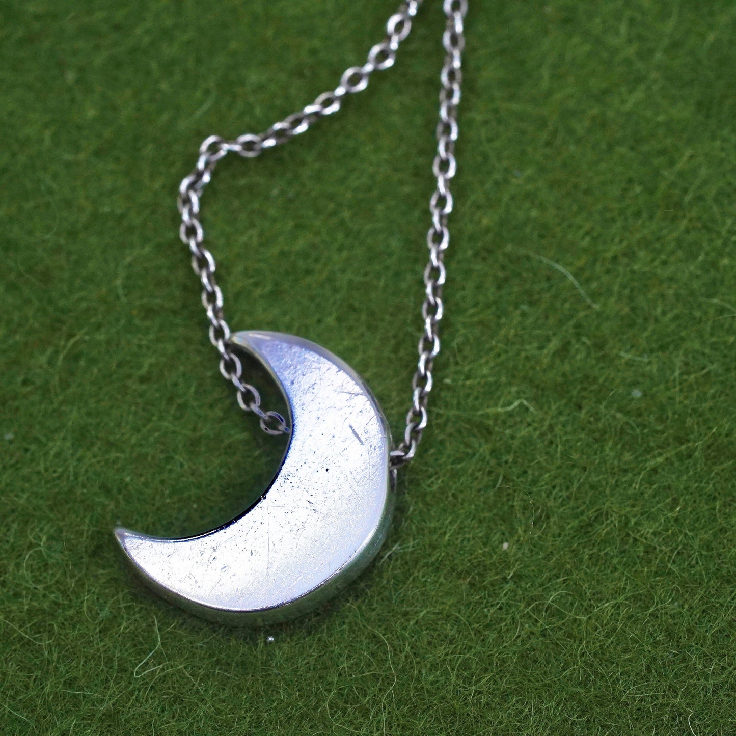 15”, Vintage Sterling silver necklace, 925 circle link chain with moon pendant