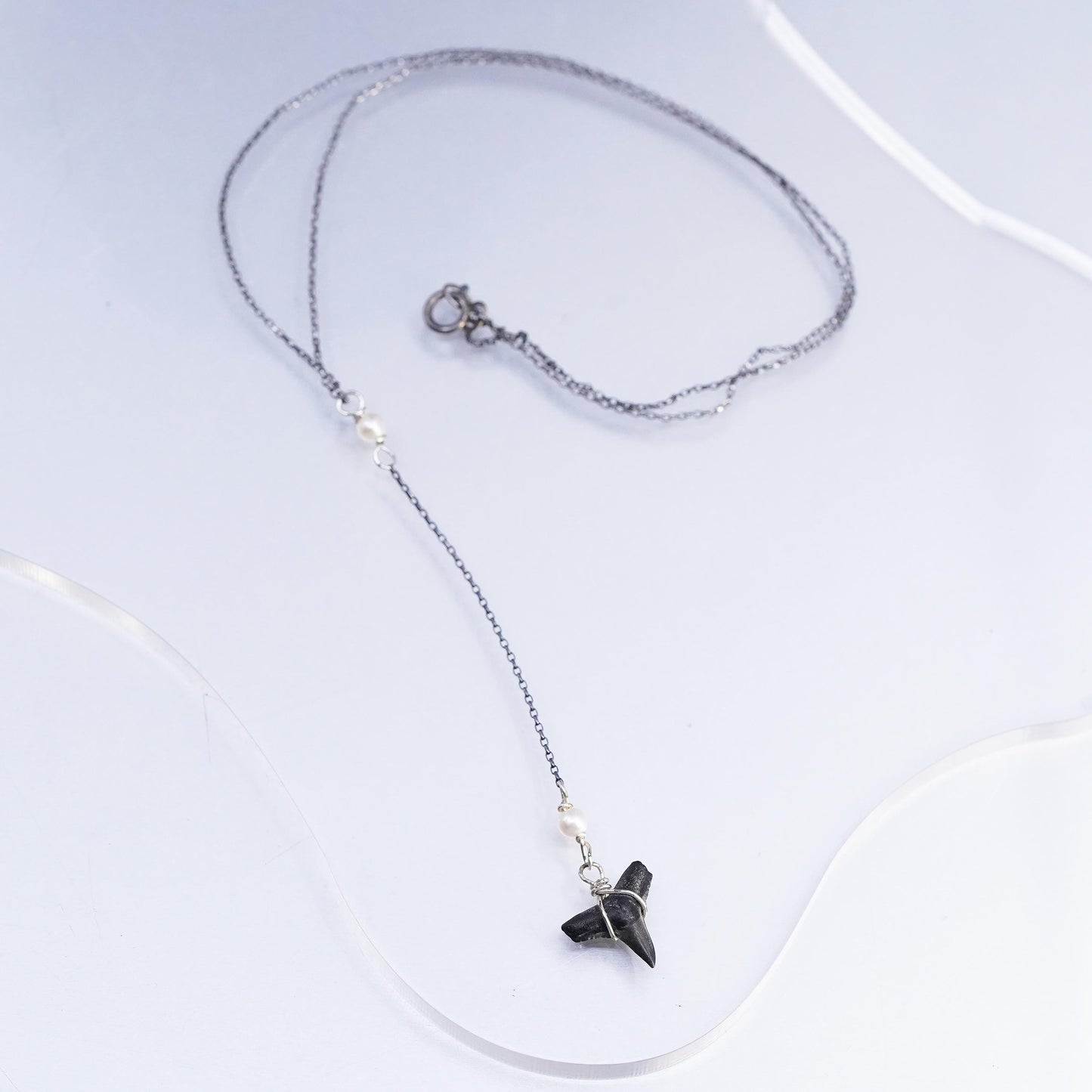 16”, Sterling silver necklace, 925 circle chain fossilized shark teeth pendant