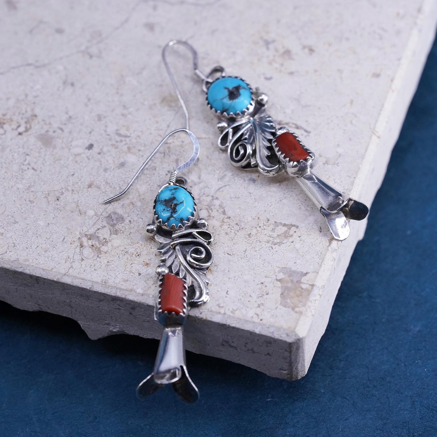 Native American Navajo sterling silver earrings, 925 feather turquoise coral