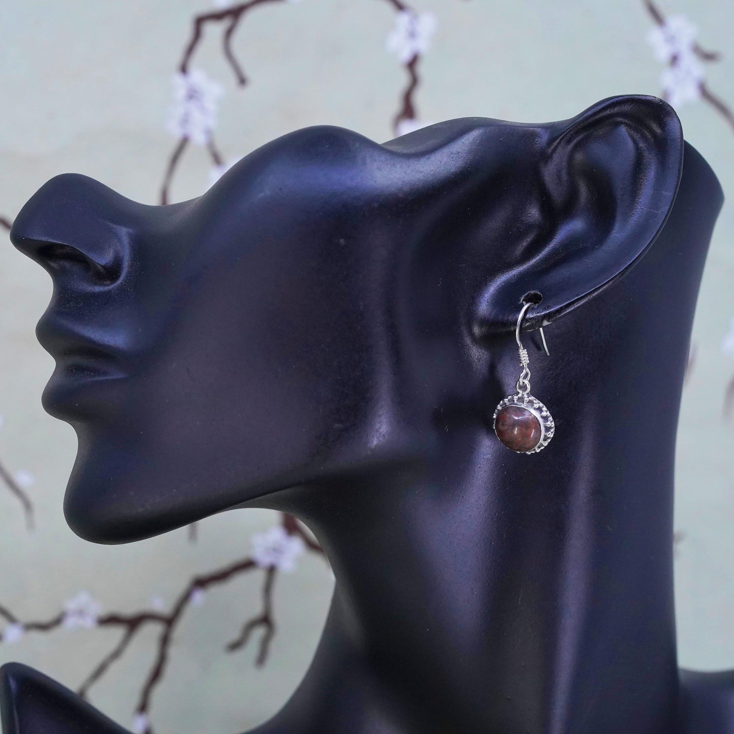 Vintage Sterling 925 silver handmade earrings with circle red jasper drops
