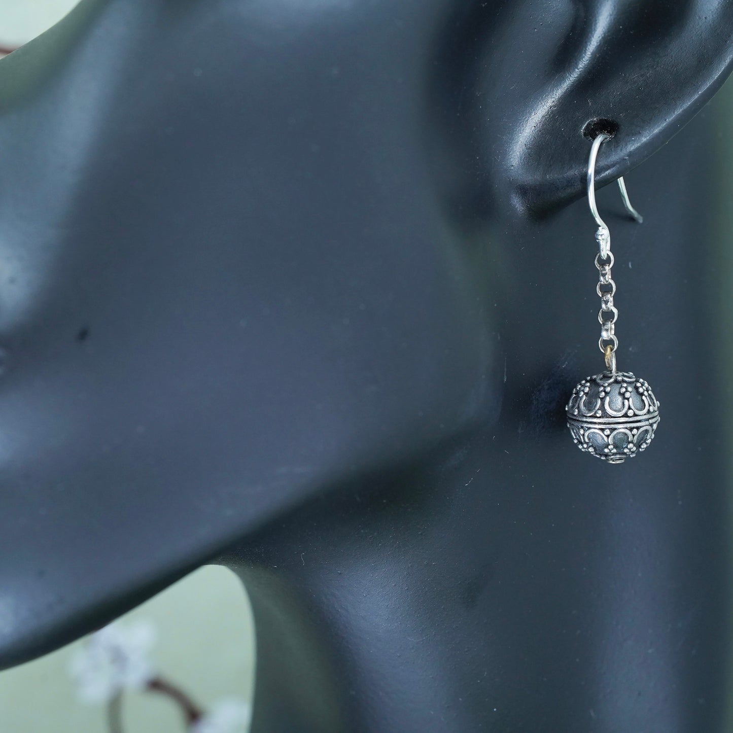 Vintage Sterling silver handmade Bali earrings, 925 swirl patterned bead