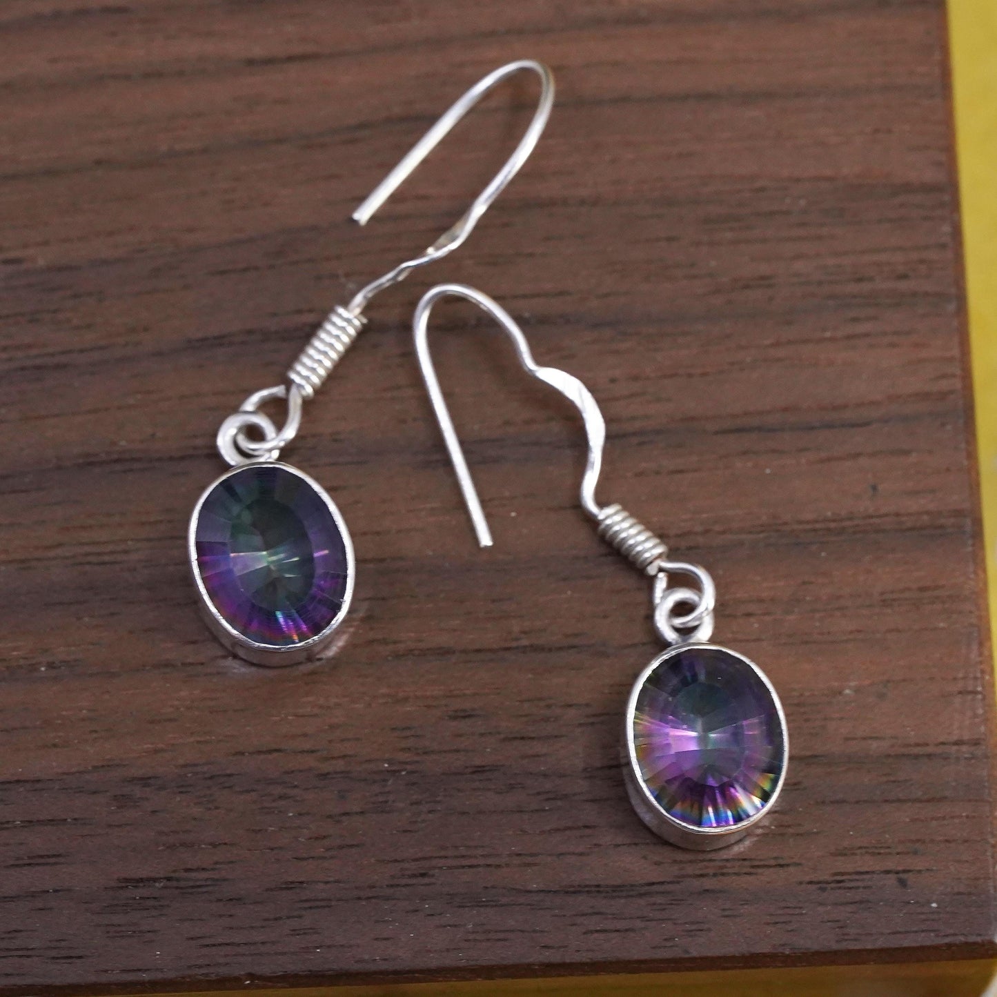 Vintage Sterling silver handmade earrings, 925 oval dangles rainbow topaz
