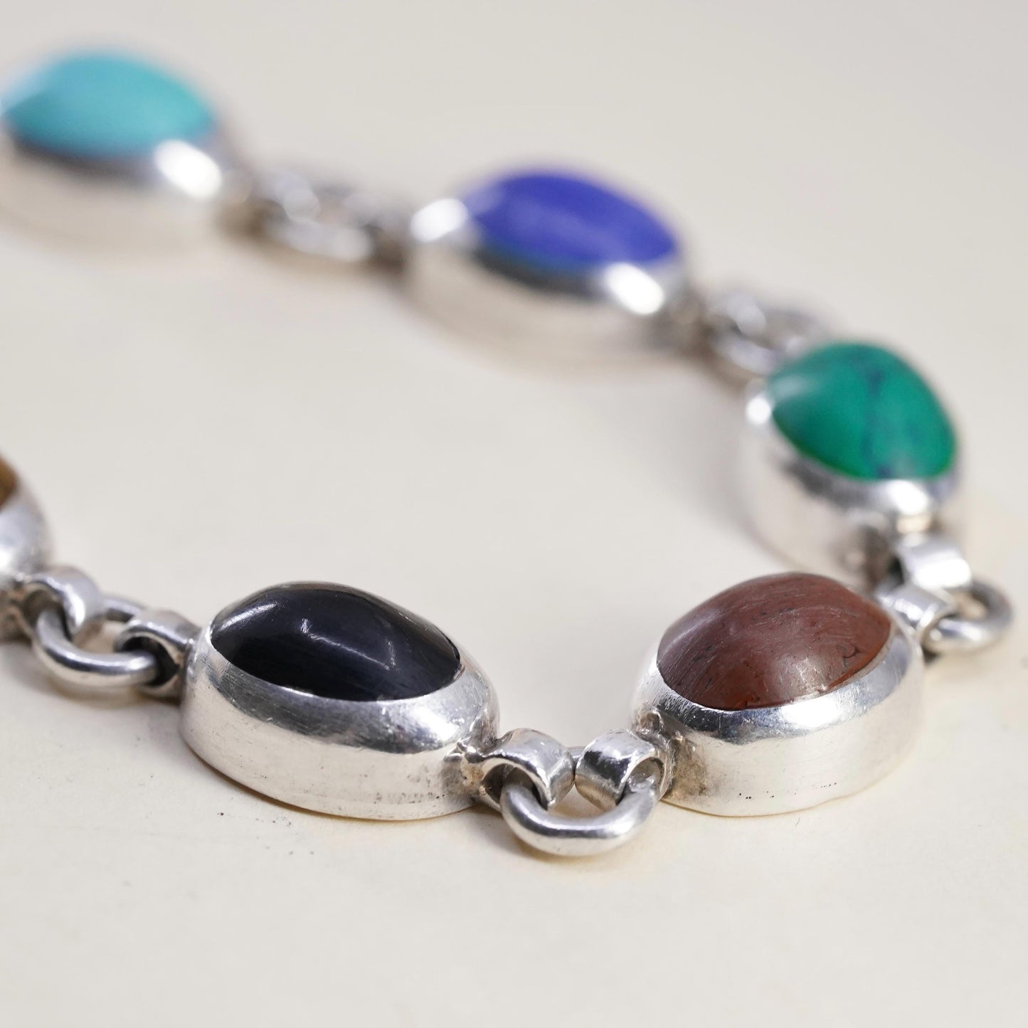 7” Sterling 925 Silver Multi Gemstone Bracelet, Turquoise Tiger Eye Agate Onyx