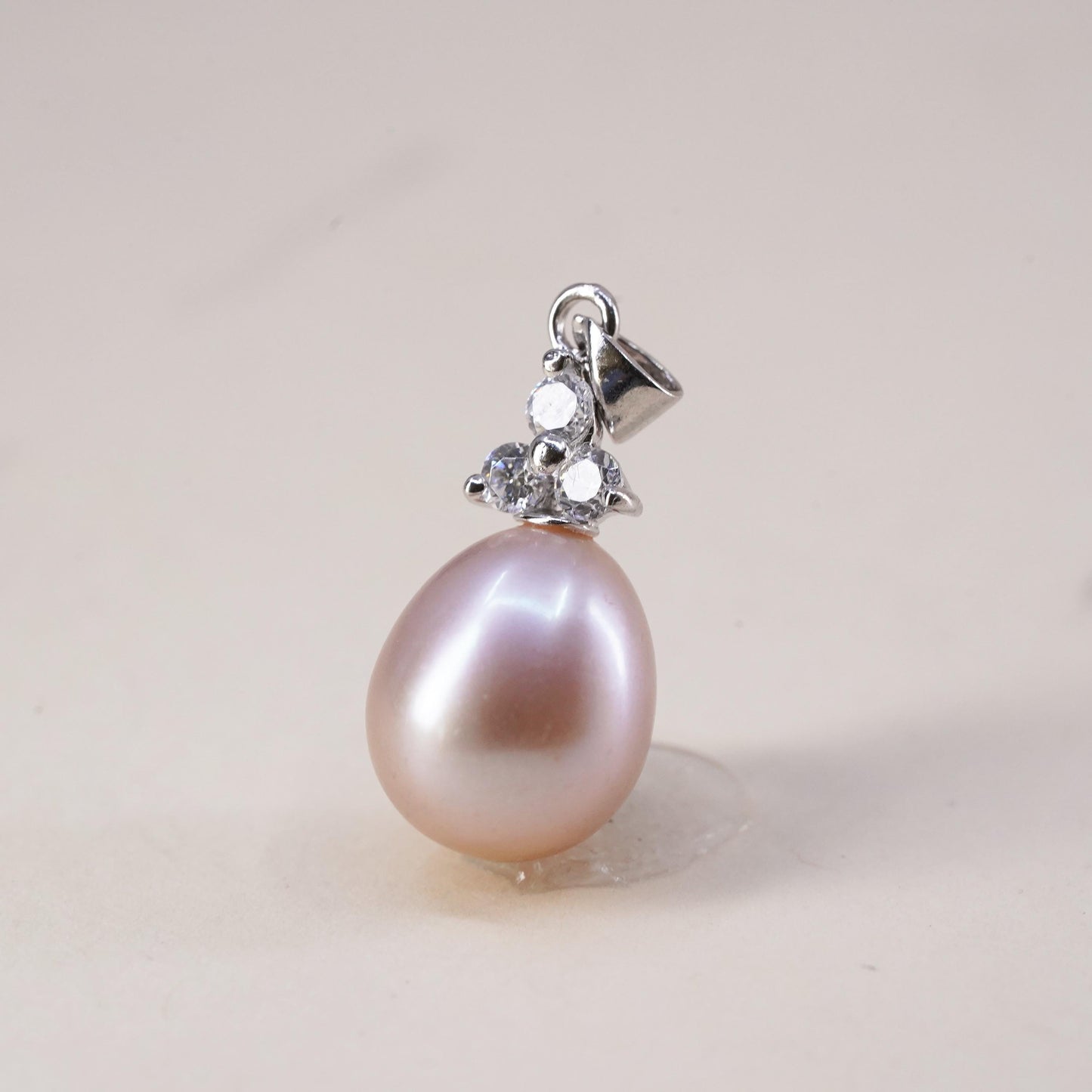 Vintage sterling 925 silver handmade pendant with teardrop pink pearl and cz