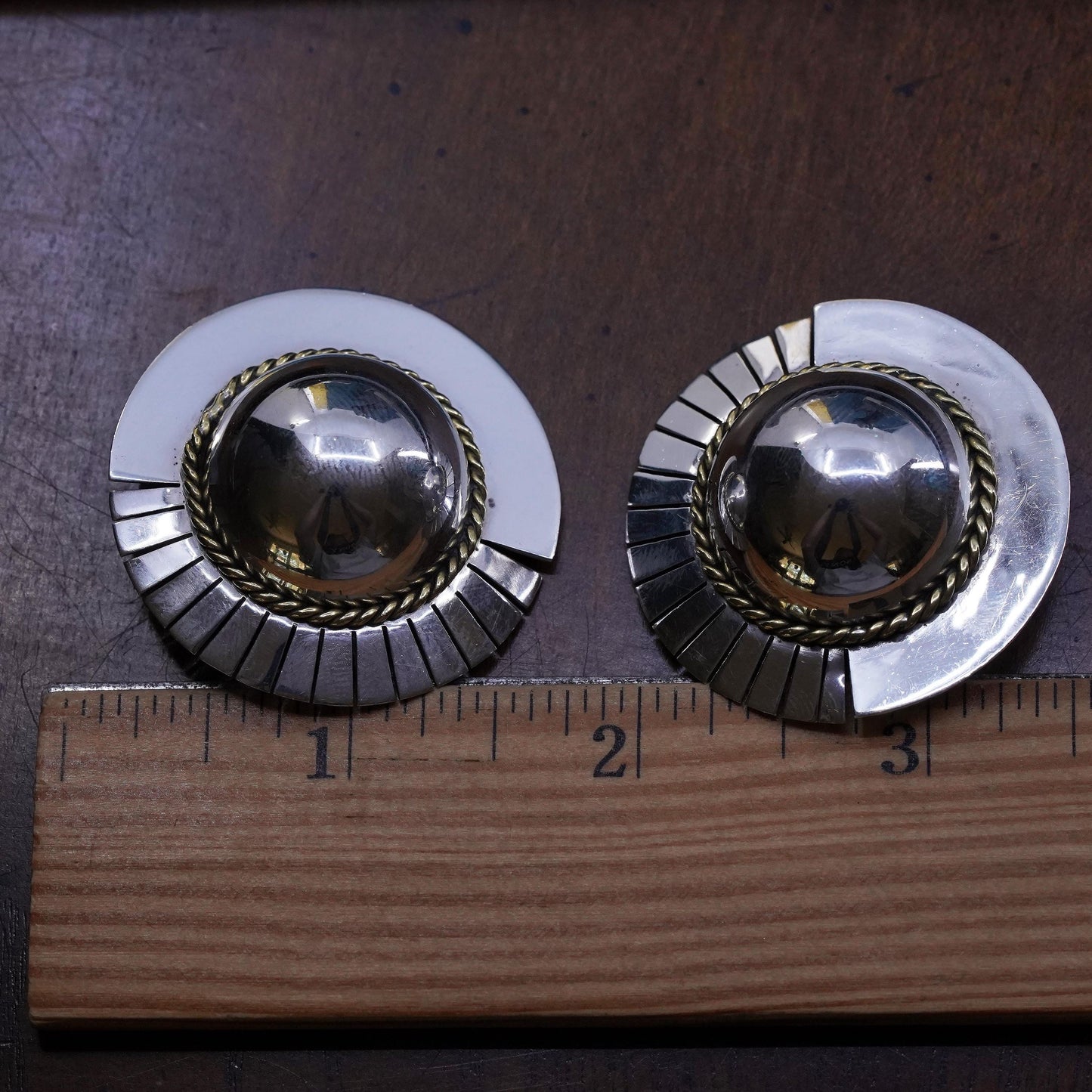 two tone Mexican Sterling silver earrings, 925 sun circle clip on brass cable