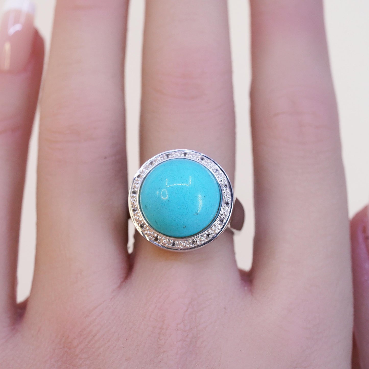 Size 7.25, Vintage sterling silver ring, statement 925 ring dome turquoise