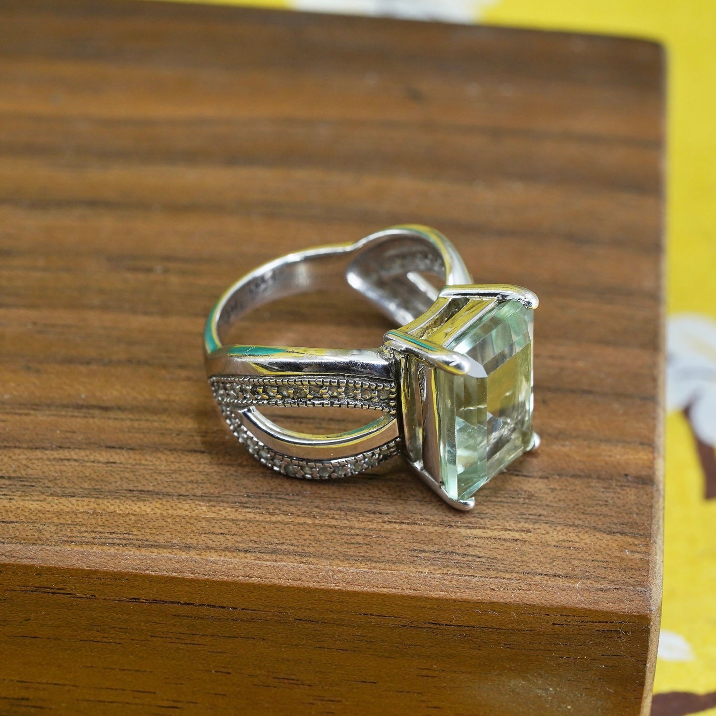 Size 7.25, vintage Sterling 925 silver ring with emerald cut blue crystal and diamond