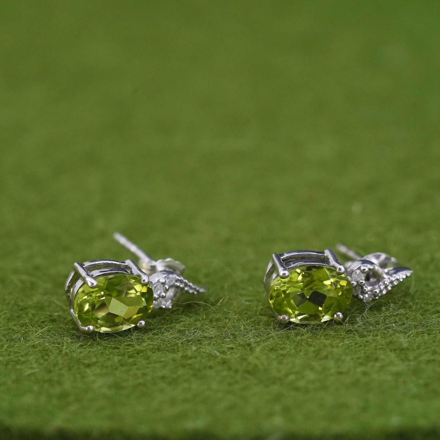 Vintage sterling 925 silver earrings w/ peridot and diamonds, minimalist studs