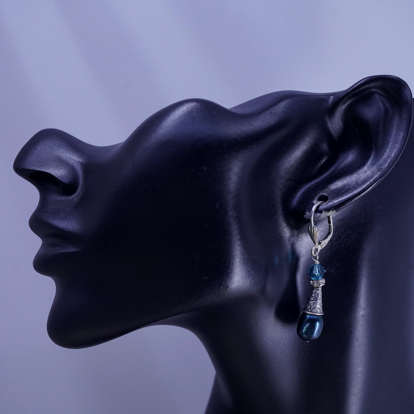 Vintage antique Sterling 925 silver handmade earrings with teardrop black pearl