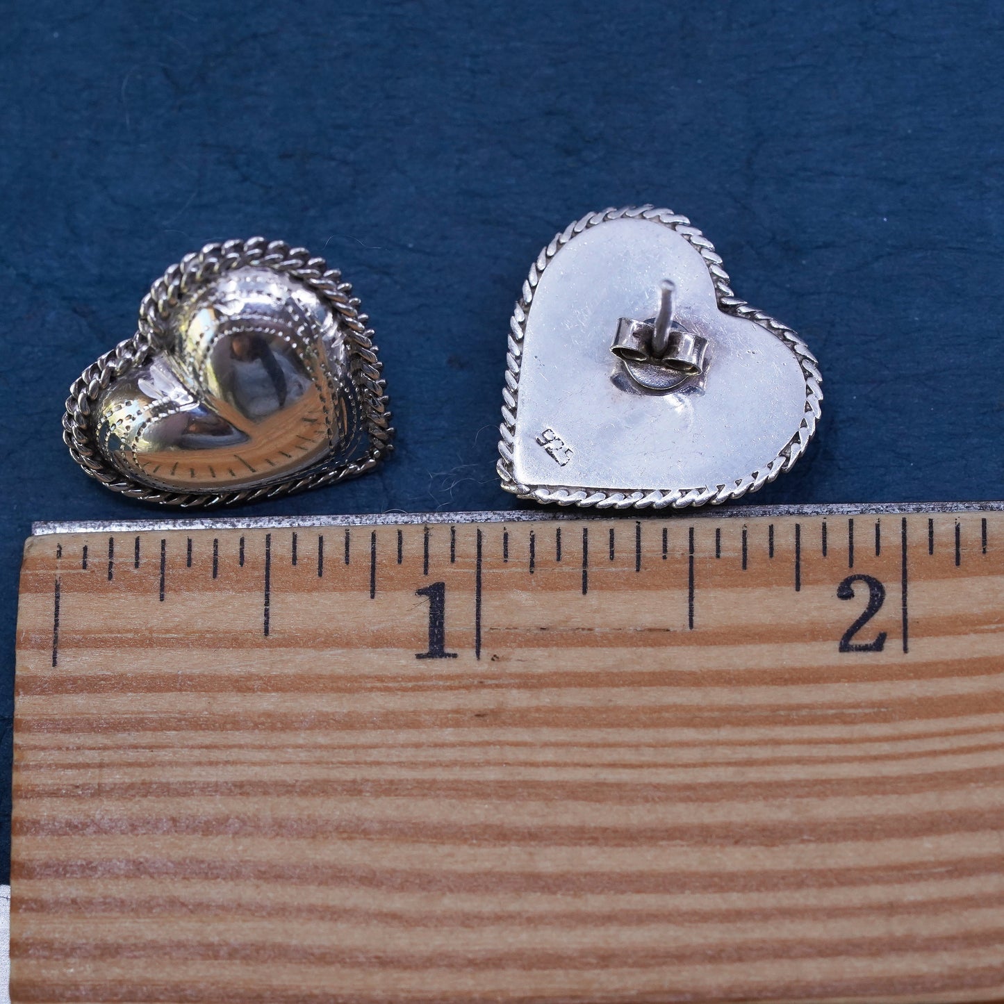 Vintage Sterling silver handmade earrings, textured 925 heart studs