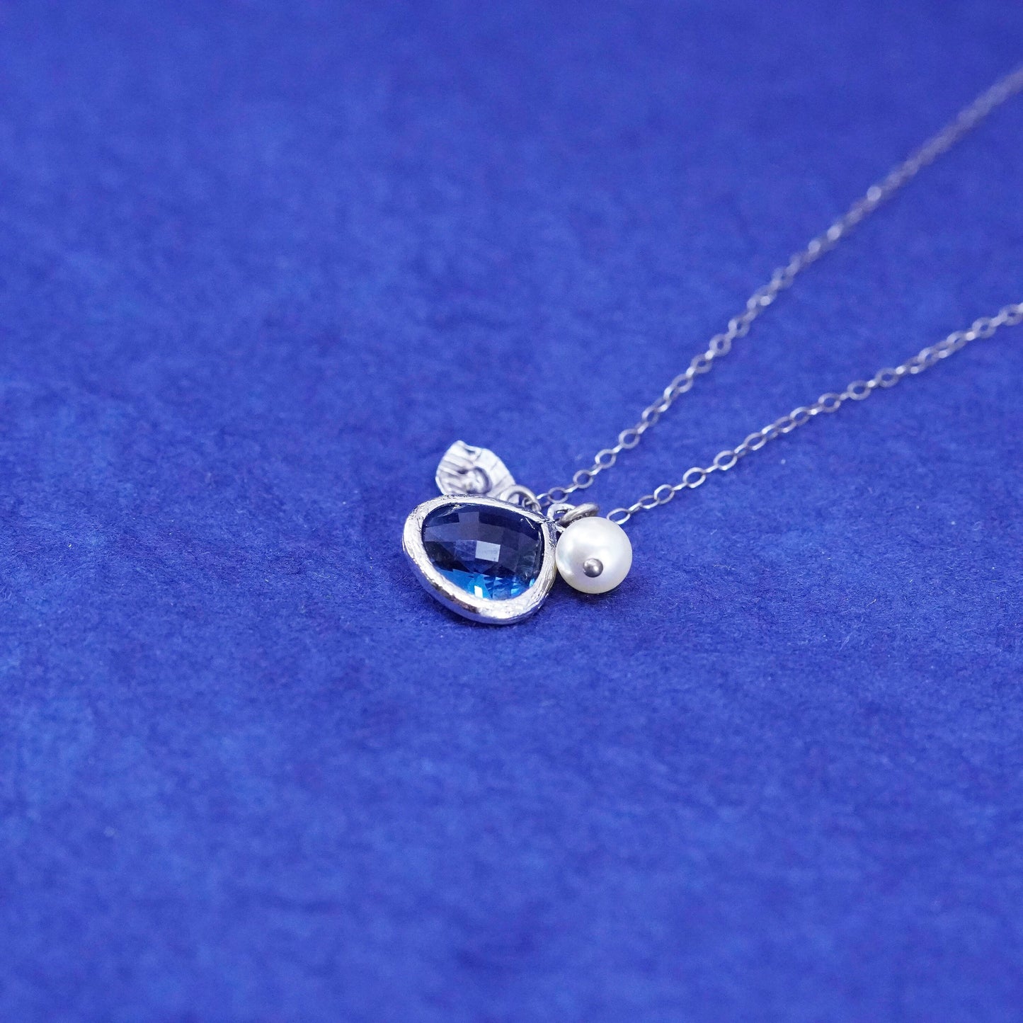 18”, sterling silver 925 handmade necklace, teardrop blue crystal pearl pendant