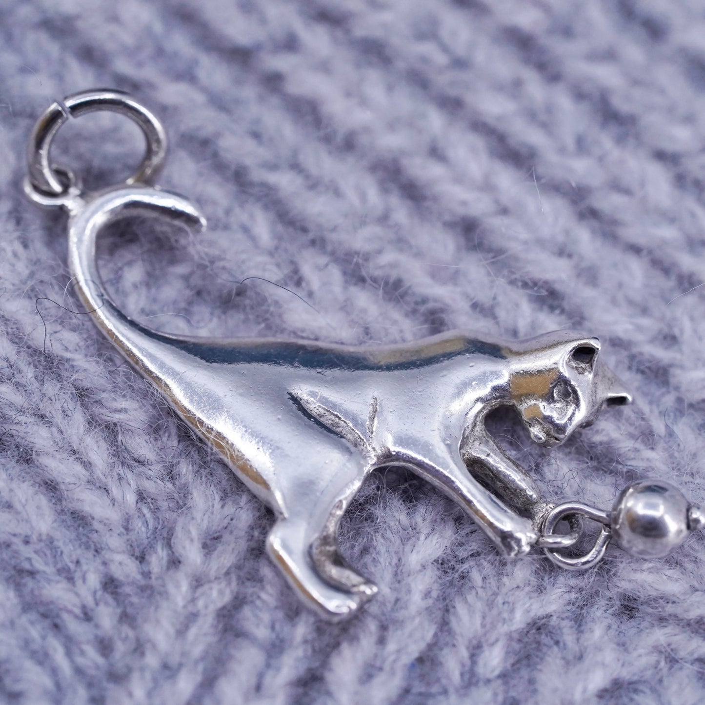 Vintage 925 Sterling Silver handmade kitty cat pendant with ball charm