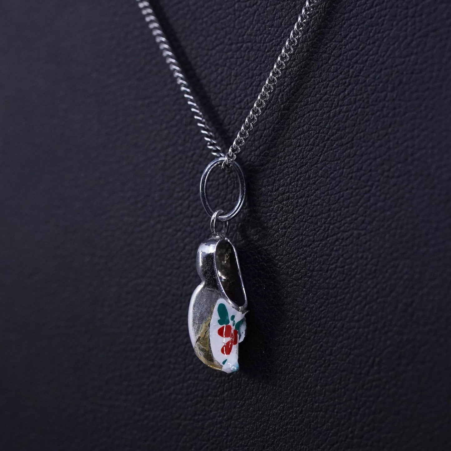 16”, VTG Sterling 925 silver curb necklace enamel holland shoe charm pendant