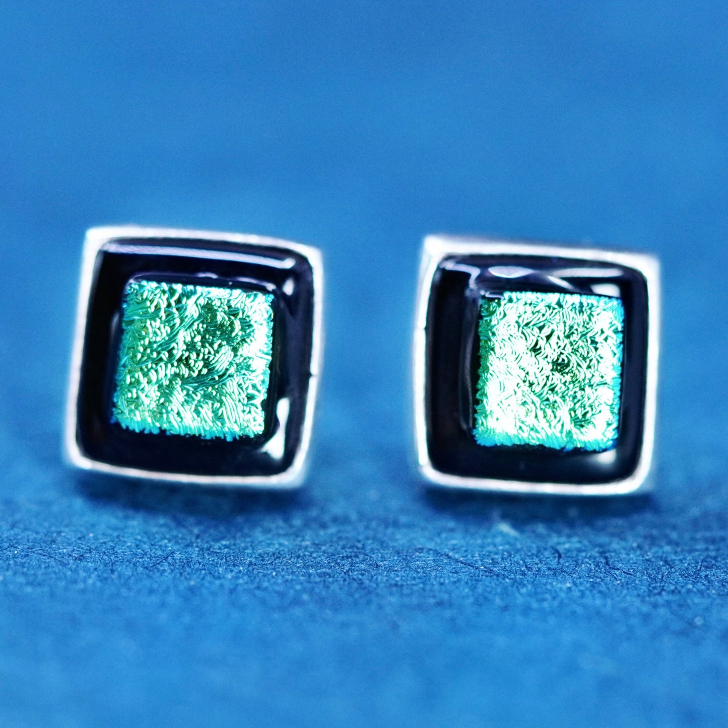 sterling silver handmade earrings, 925 square studs with foiled glass inlay