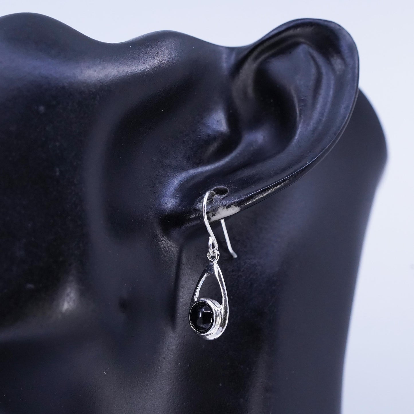 Vintage Sterling 925 silver handmade teardrop earrings with black onyx