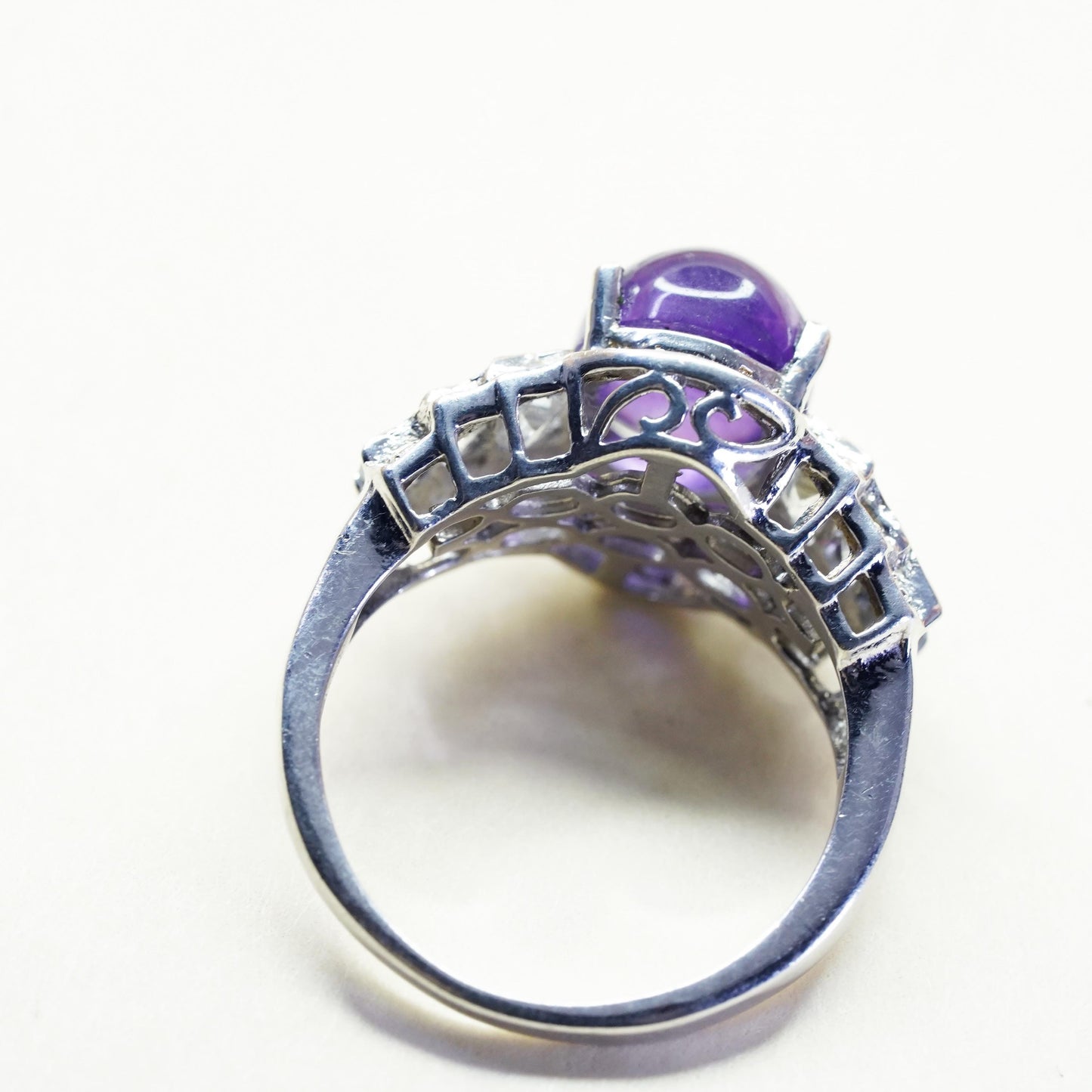 Size 8.25, vintage Sterling silver 925 cocktail ring dome amethyst clear quartz