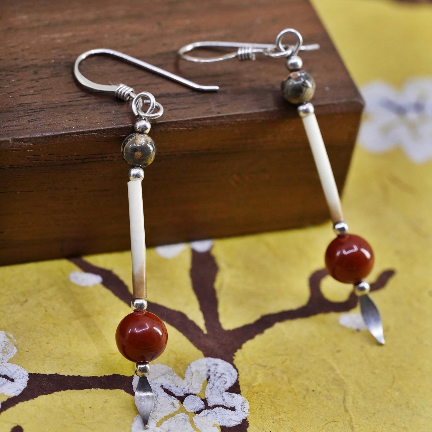 Vintage Sterling silver handmade earrings, 925 hooks with Jasper beads
