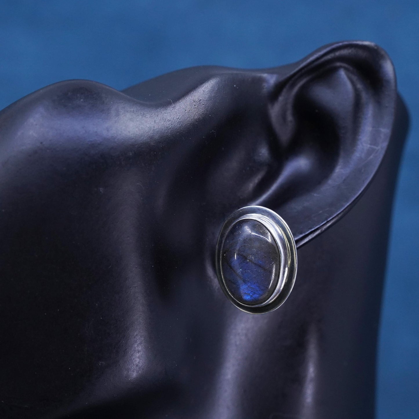 Vintage Mexican sterling silver handmade earrings, 925 oval studs labradorite