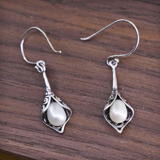 Sterling silver handmade earrings, 925 filigree teardrop drops with pearl