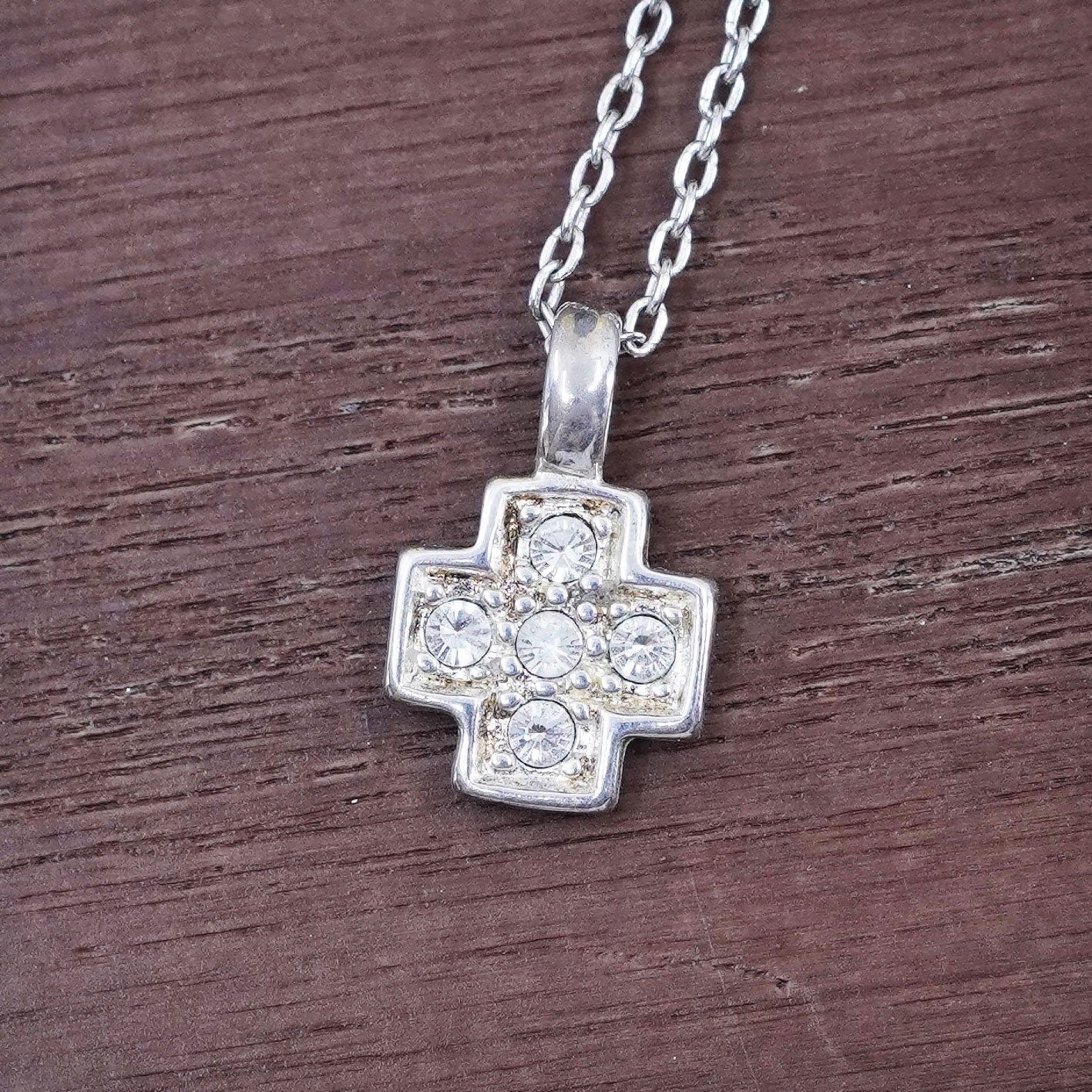 16”, vintage Sterling silver necklace, 925 circle chain with Cz cross pendant