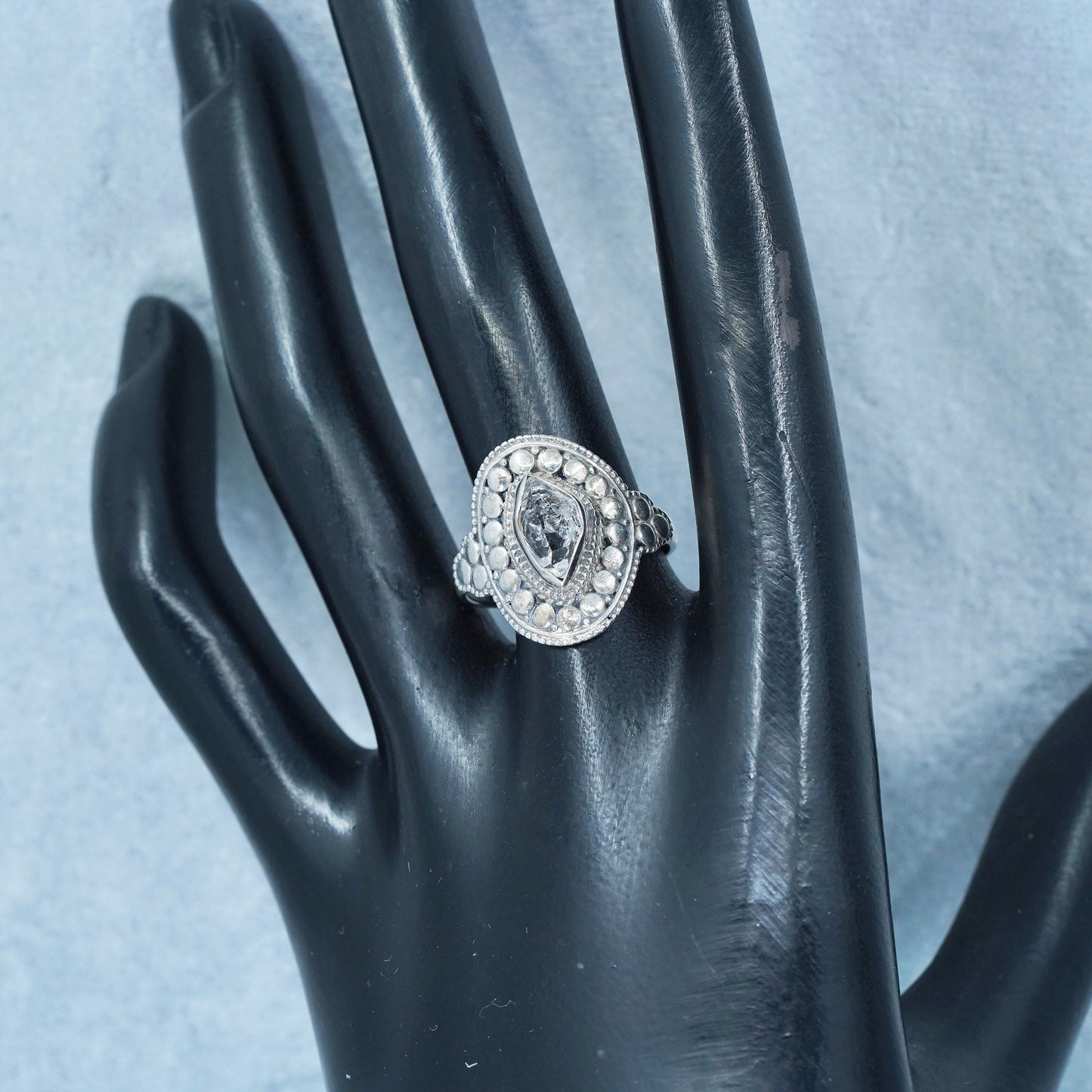 Size 9, vintage Sterling 925 silver handmade ring, crystal beaded band