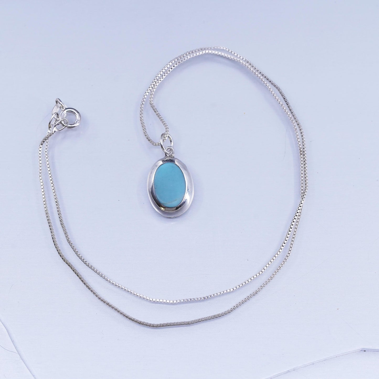 18”, Native American Sterling 925 silver box chain necklace turquoise pendant