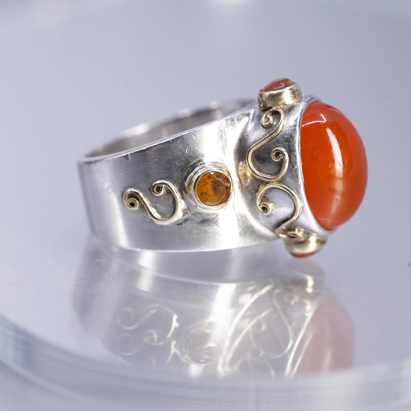 size 9, FUSION Sara Blaine Sterling 925 Silver 18K gold beaded Ring, Carnelian