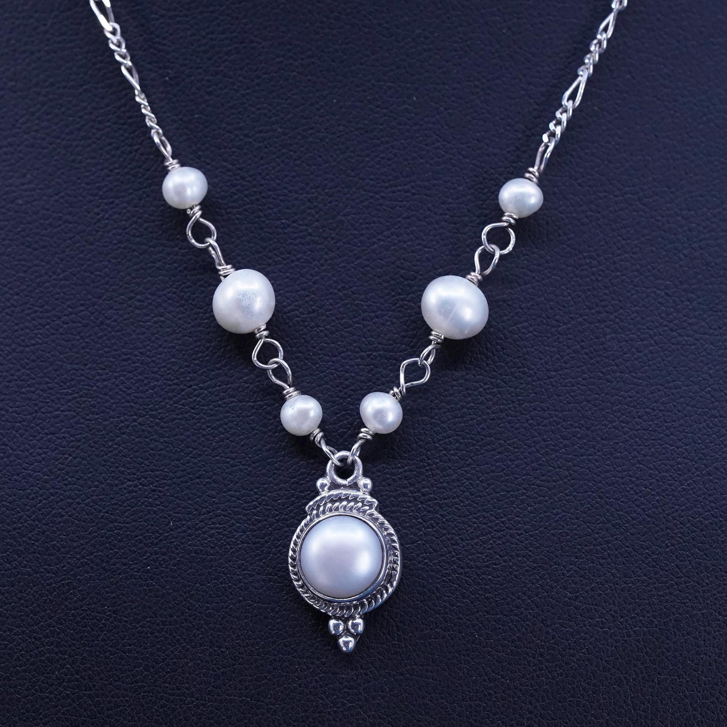 16+1” 2mm, vintage Sterling silver necklace, 925 figaro chain w/ pearl pendant