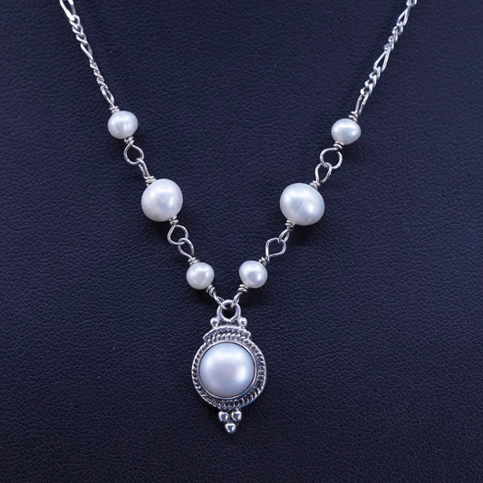 16+1” 2mm, vintage Sterling silver necklace, 925 figaro chain w/ pearl pendant