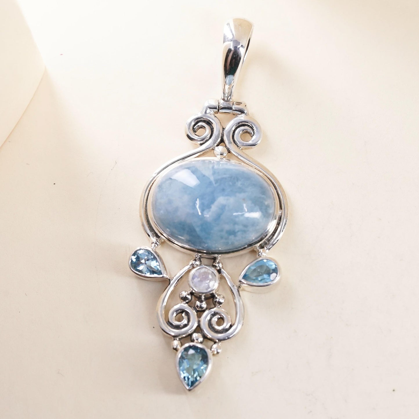 Vintage ARYA Aquamarine Blue Topaz Moonstone Sterling Silver Pendant, Statement Jewelry, Artisan Gemstone, stamped 925 Arya