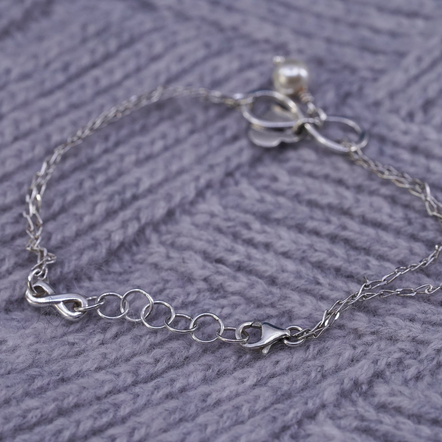 6.5+1", Sterling silver bracelet, double strands 925 circle chain infinity loop