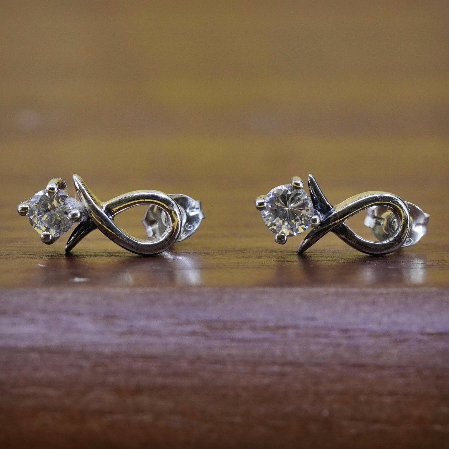 Vintage Sterling silver ribbon bow studs, cz earrings