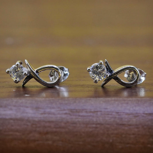 Vintage Sterling silver ribbon bow studs, cz earrings