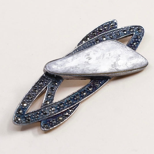Vintage Sterling silver handmade brooch, modern 925 silver with mother of pearl and marcasite details, stamped 925