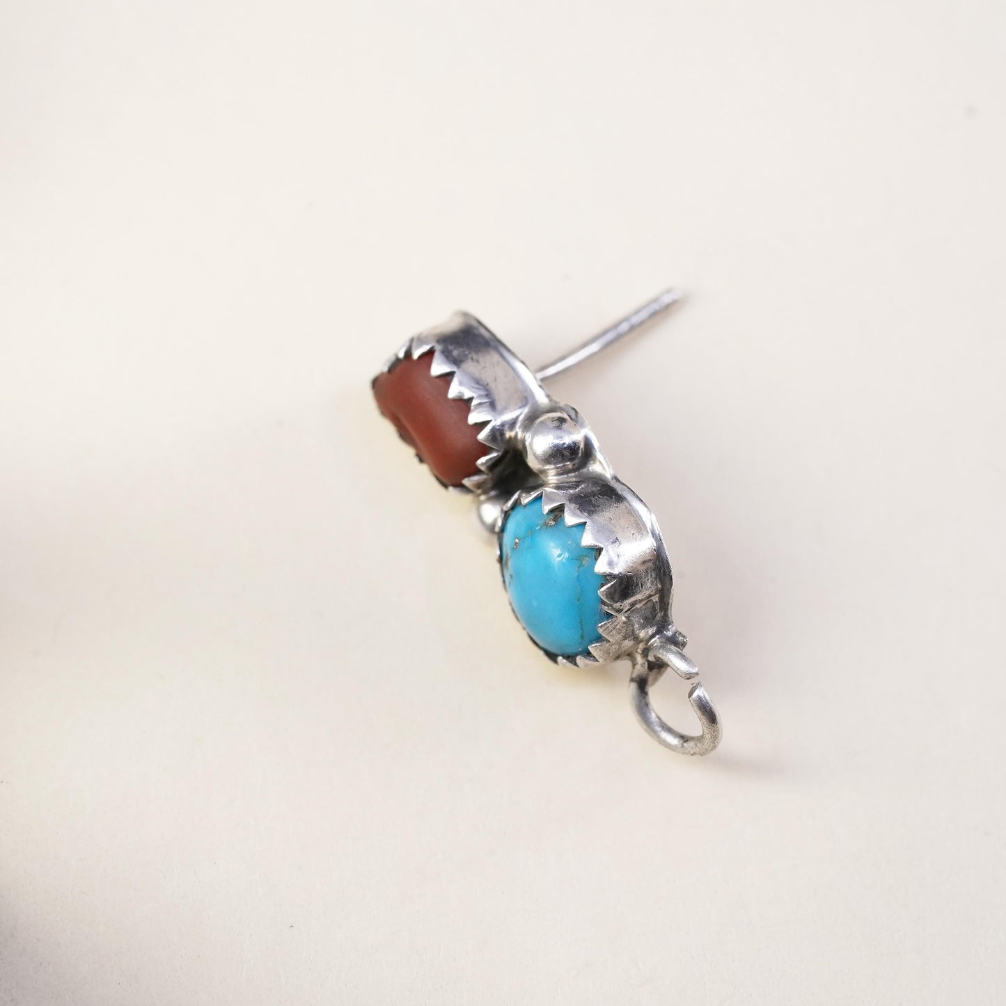 Native American Navajo single earring. Sterling 925 silver teardrop stud coral