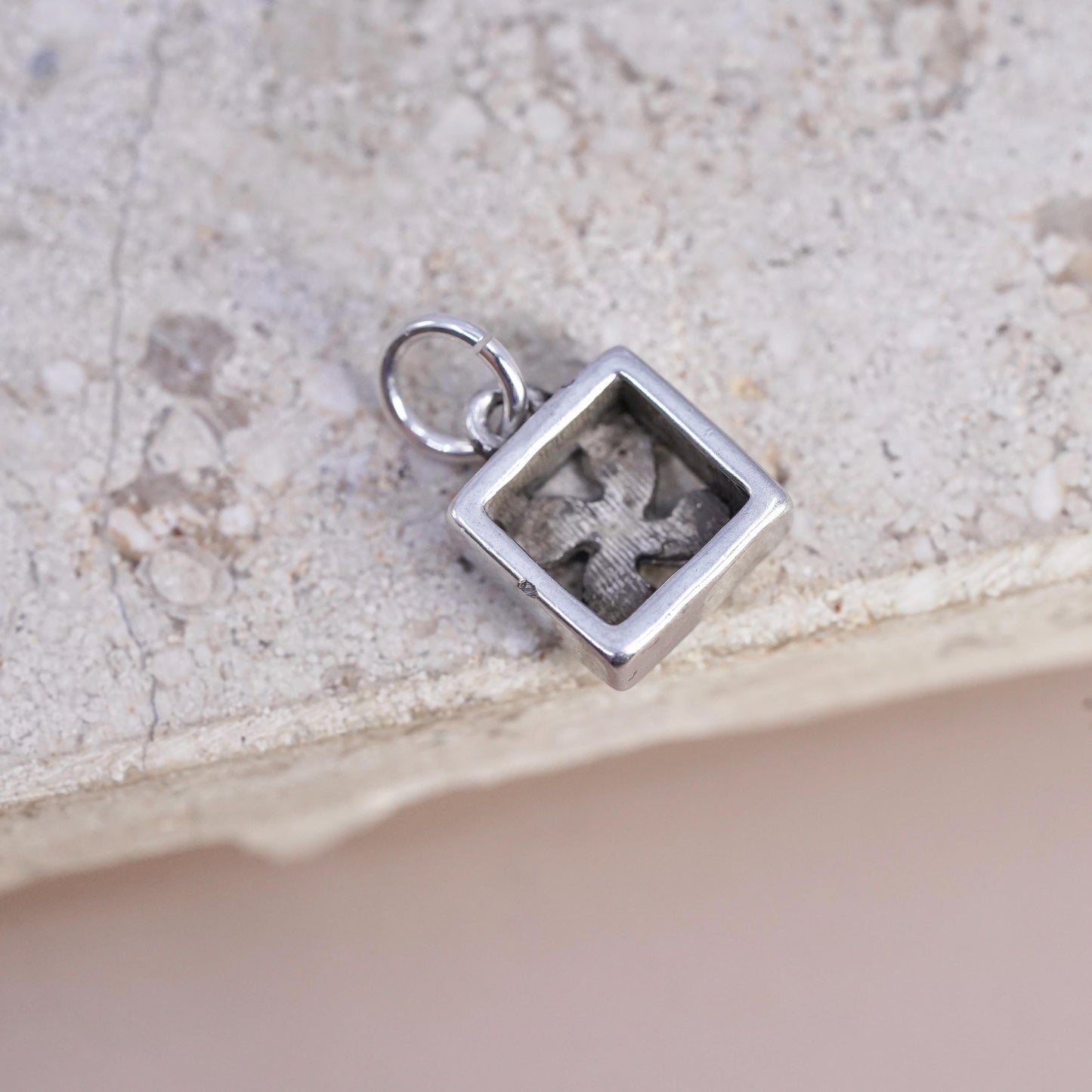 Vintage sterling 925 silver handmade pendant, square charm