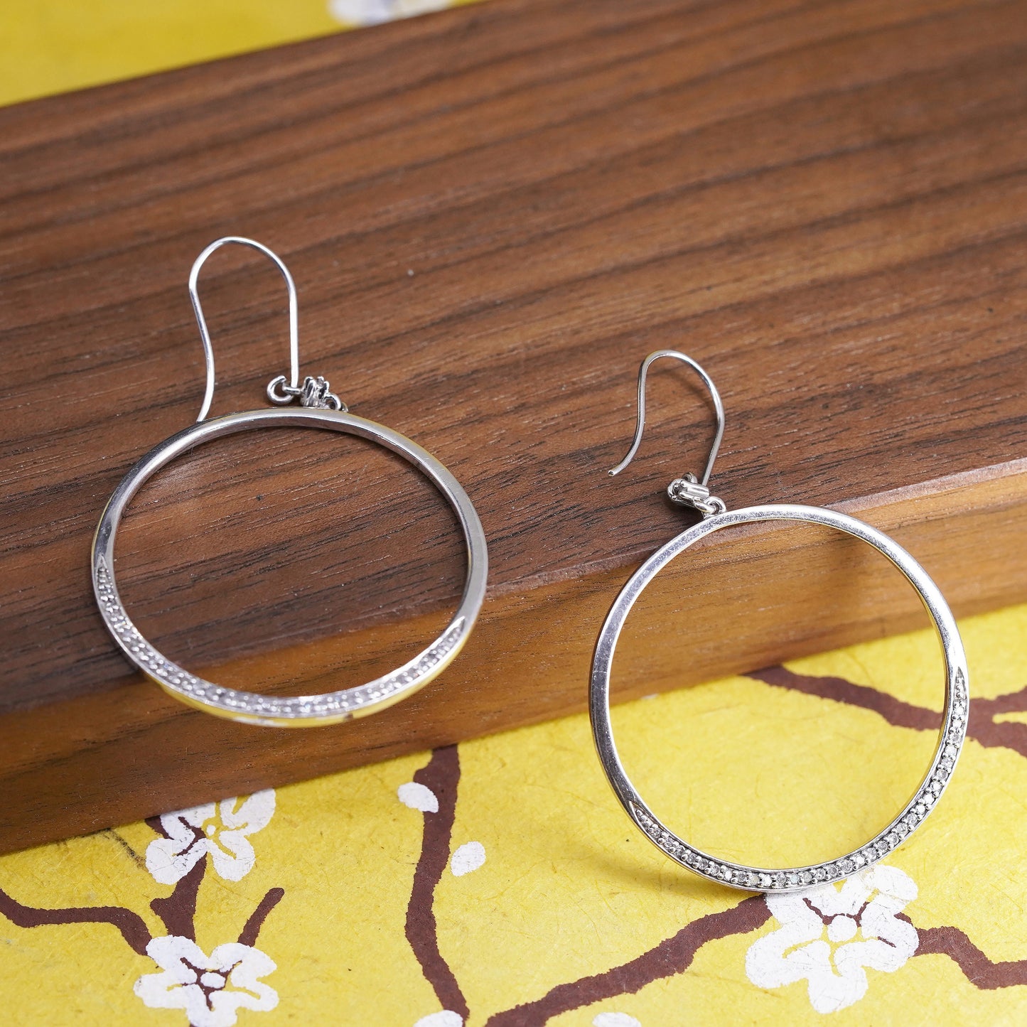 2", vintage Sterling silver handmade earrings, 925 circle hoops with diamonds