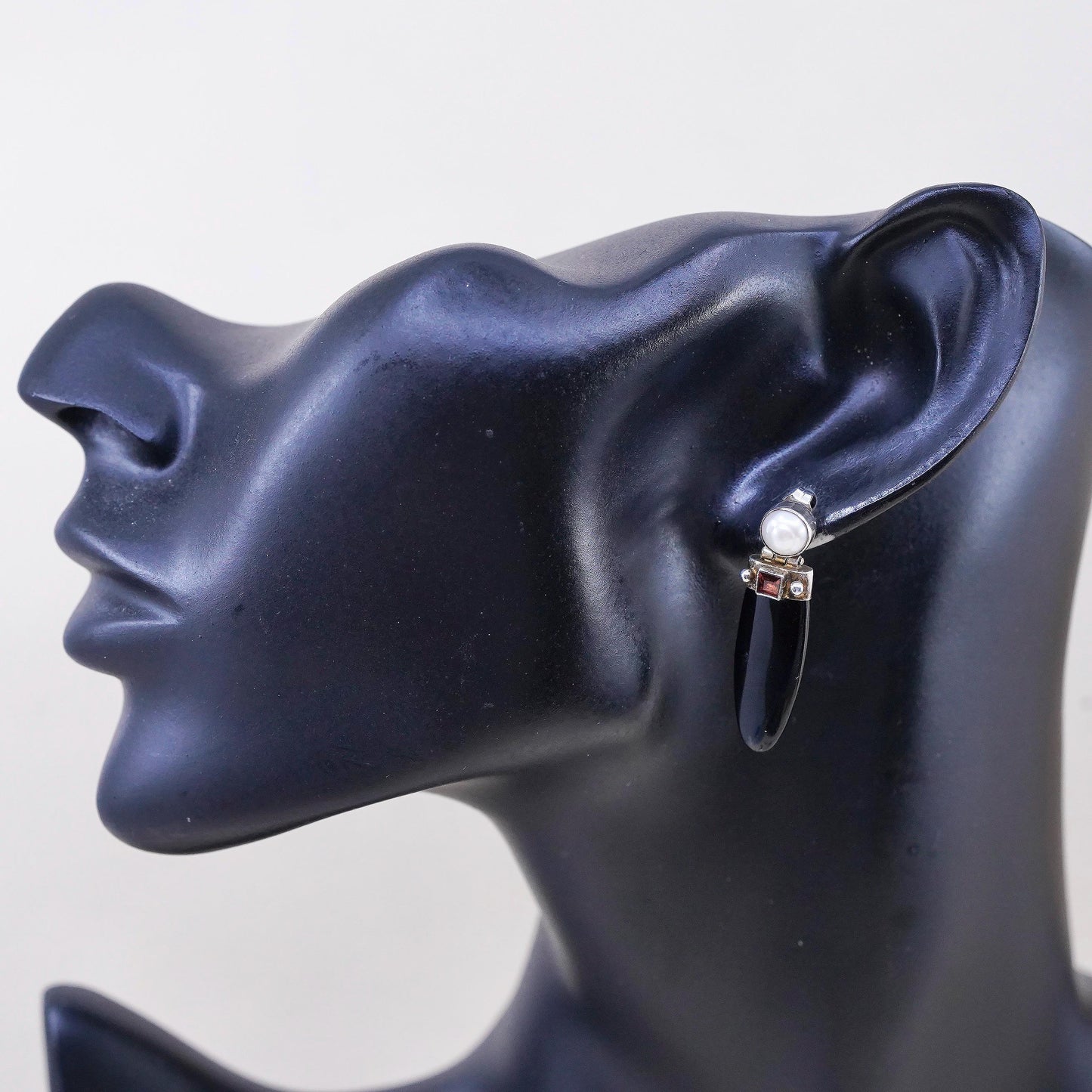 Vintage SIS handmade Sterling 925 silver earrings with onyx garnet and pearl