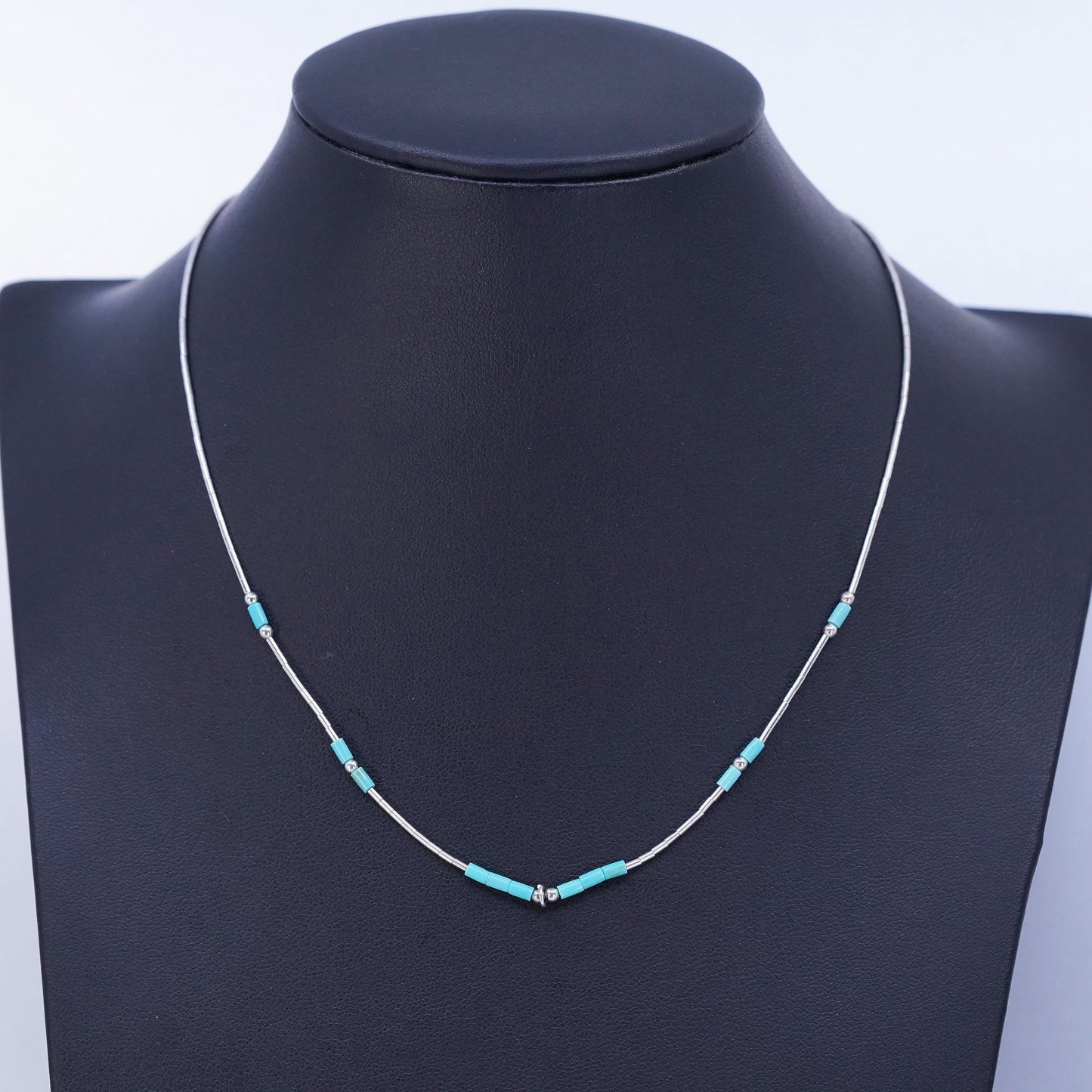16”, Native American Sterling 925 liquid silver necklace with turquoise beads