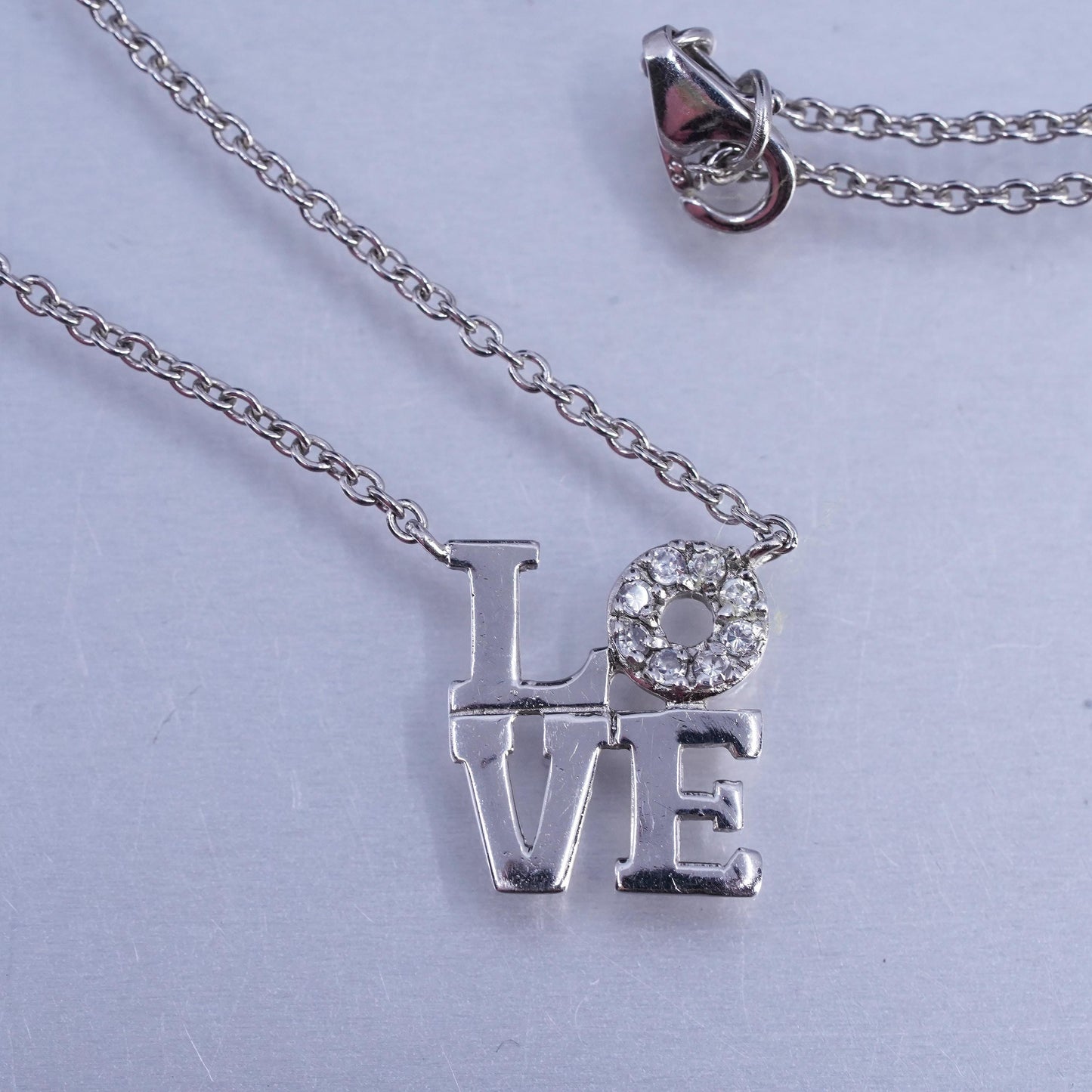 16", vintage Sterling 925 silver circle pendant necklace with love pendant Cz