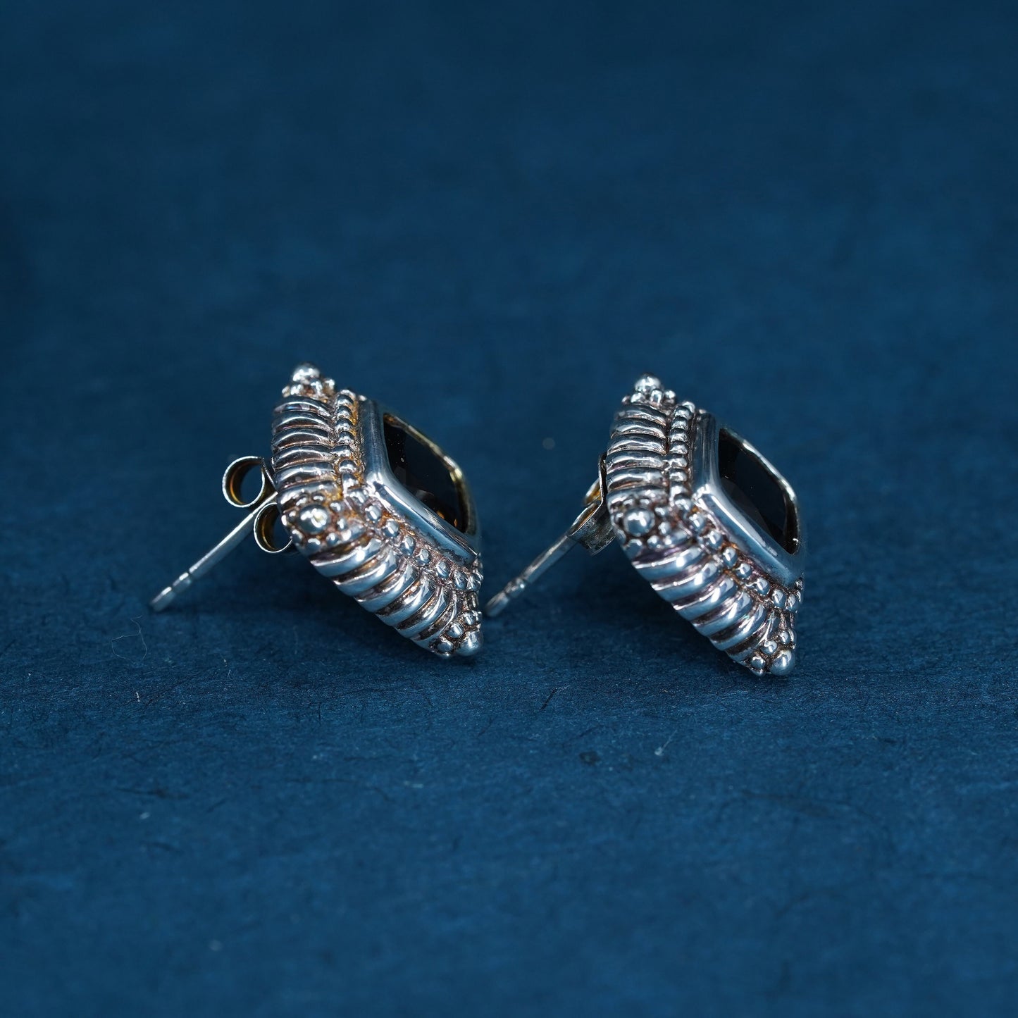 Vintage Sterling silver handmade earrings, 925 studs with smoky topaz