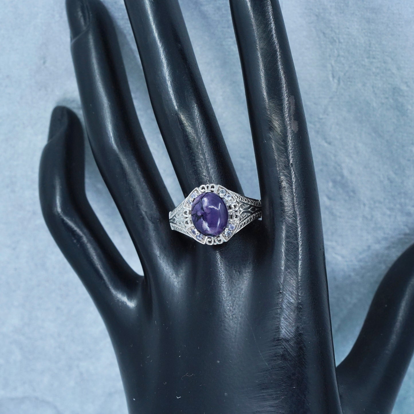 Size 10, Sterling 925 silver handmade ring with opalizted fluorite and amethyst
