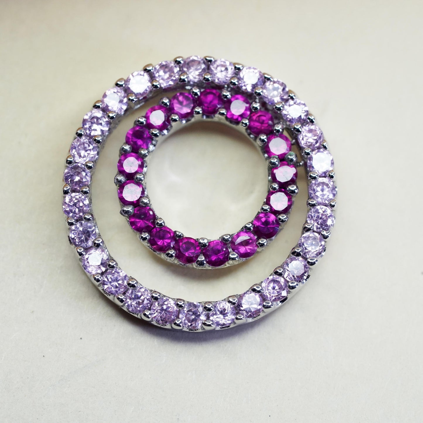 Vintage sterling silver Pendant, 925 double circle with ruby and pink crystal