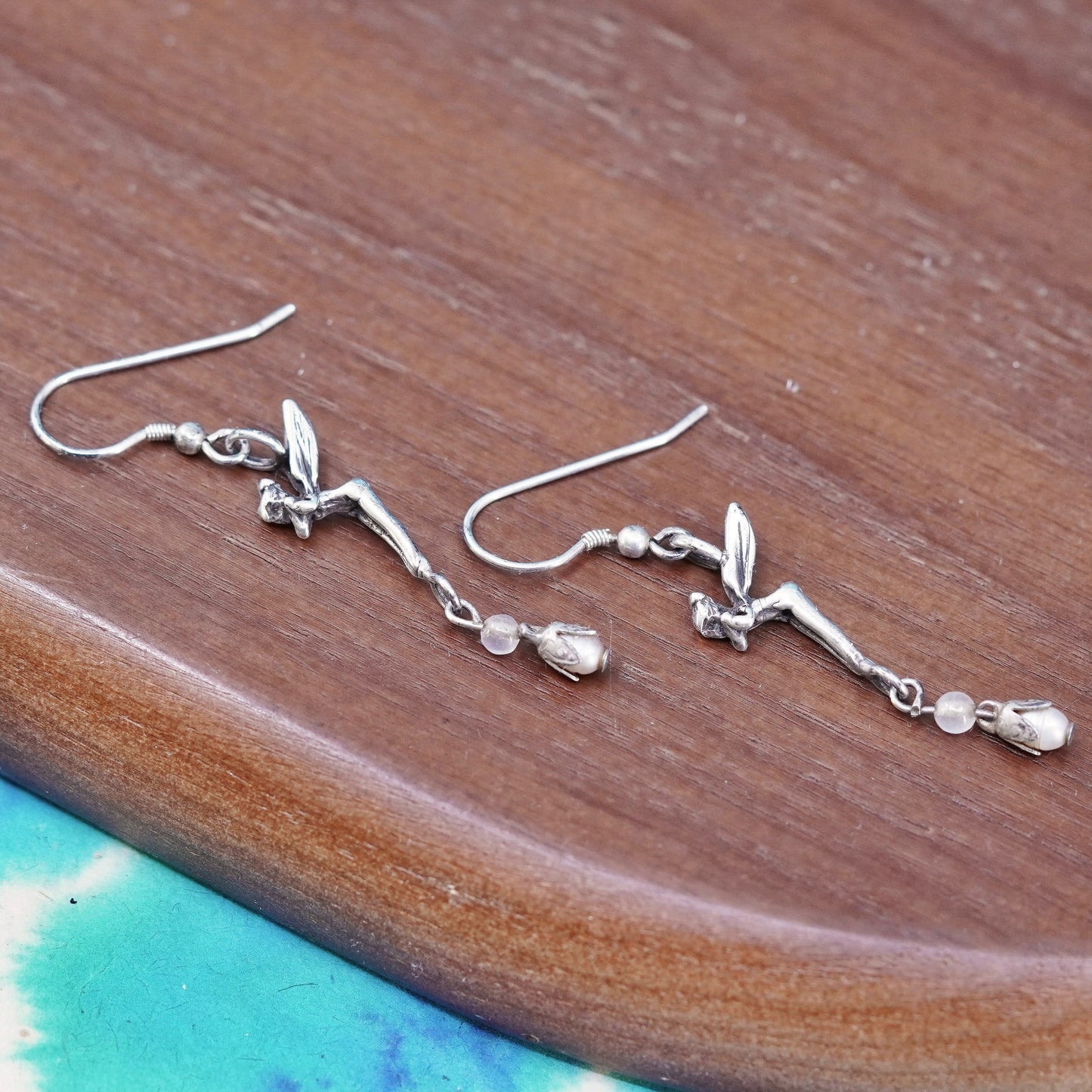 Sterling silver handmade earrings, Mexican 925 whispering fairy dangles pearl